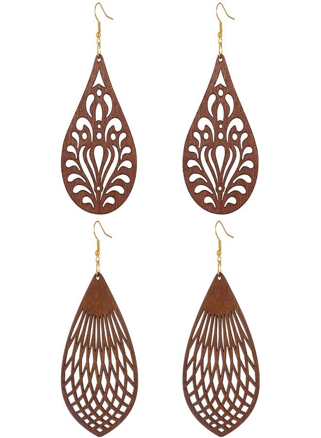 Wovanoo Wood Earrings for Women Natural Wooden Teardrop Drop Dangle Earring Small Flower Brown - Image 1